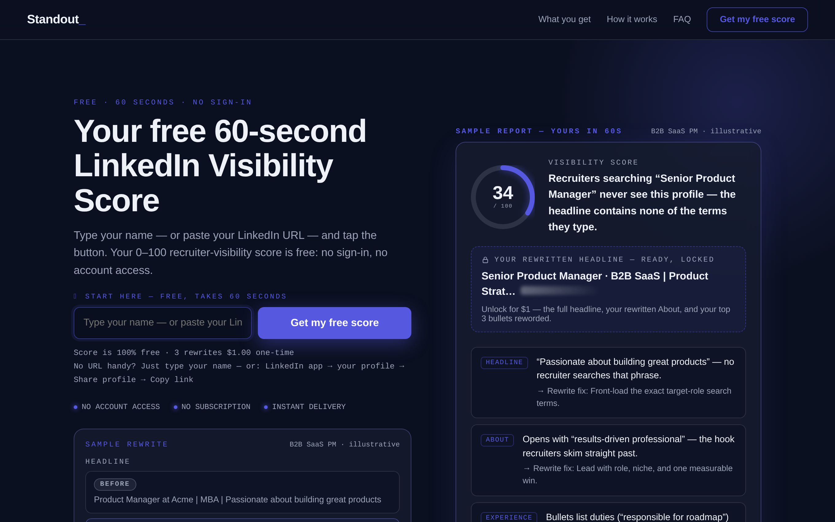 Standout homepage with the free LinkedIn visibility audit form and a sample audit report